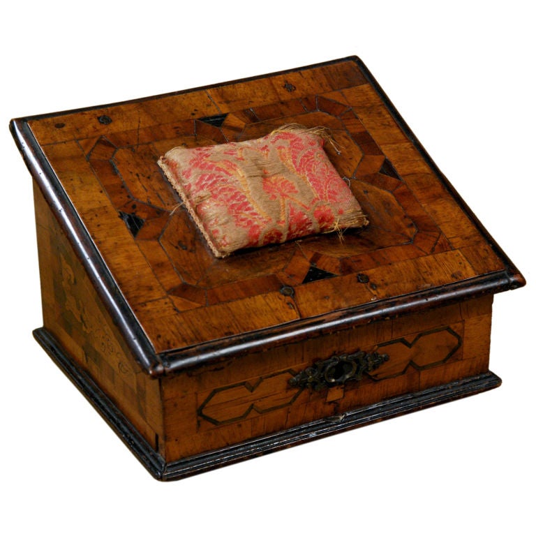 A Walnut Parquetry Sewing Box For Sale