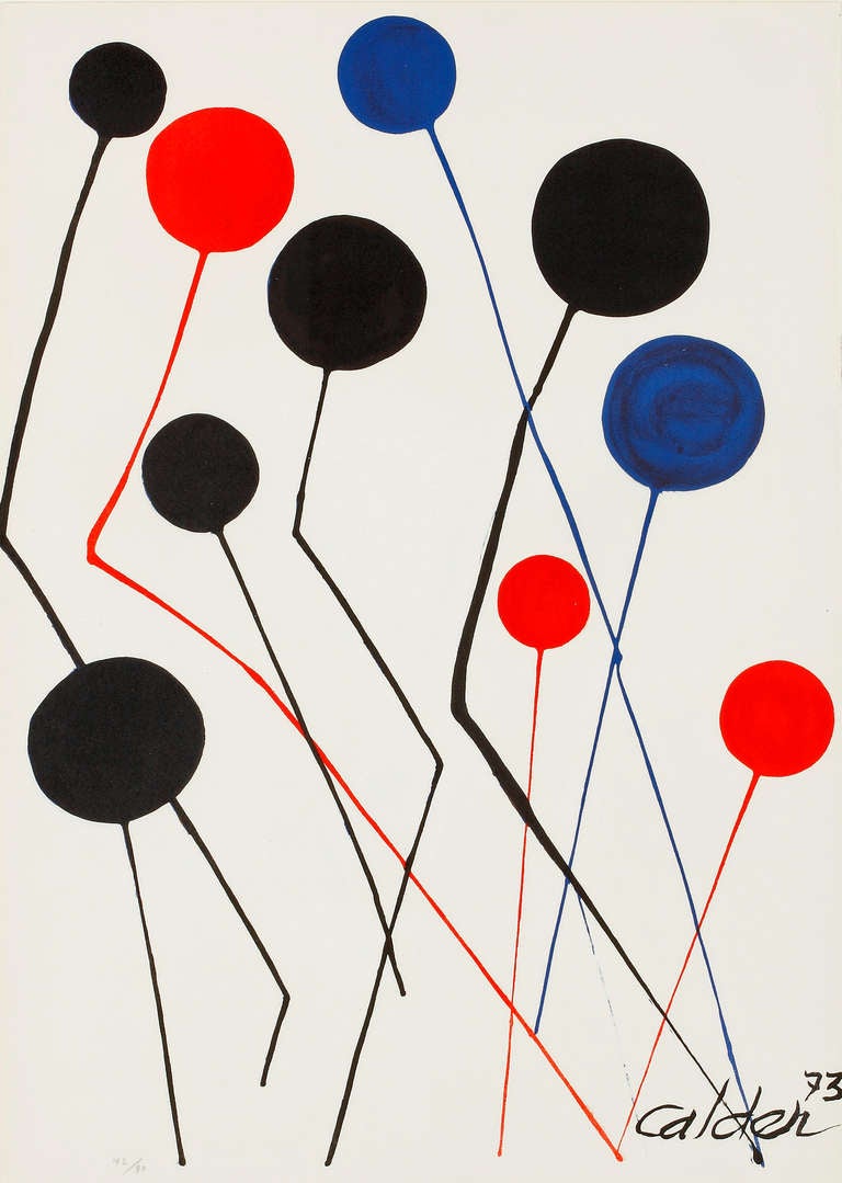 Alexander Calder
American, 1898-1976

“Ballons”

Color Lithograph
Edition: 42/90
31 by 22 in..  W/frame 41 ½ by 32 ½ in..

	Alexander Calder was born in 1898, the second child of artist parents-- his father was a sculptor and his mother a