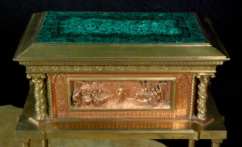 English A Rare Malachite, Brass & Copper Box on Stand by Elkington & Co