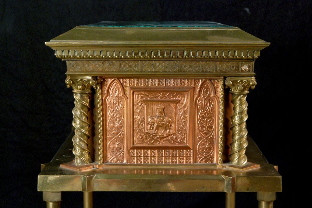 A Rare Malachite, Brass & Copper Box on Stand by Elkington & Co 1