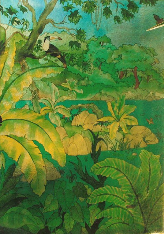 Depicting Jungle scenes with Parrots

Height 90 in. by 64 in. 

Provenance: Private estate San Paulo, Brazil