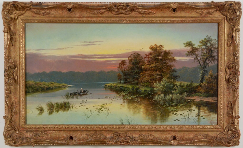 Edgar Longstaffe<br />
English, 1849-1912<br />
<br />
“Fishing at Sunset”<br />
<br />
Oil on canvas<br />
14 by 26 in.  W/frame 19 by 31 in.<br />
Signed & dated 1884<br />
<br />
He was born near Derby in Derbyshire, England. The son of