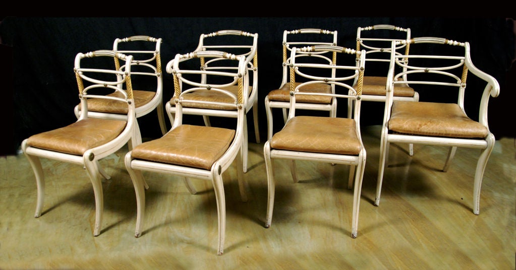 Fine Set of Eight Regency Lacquered & Parcelgilt Dining Chairs