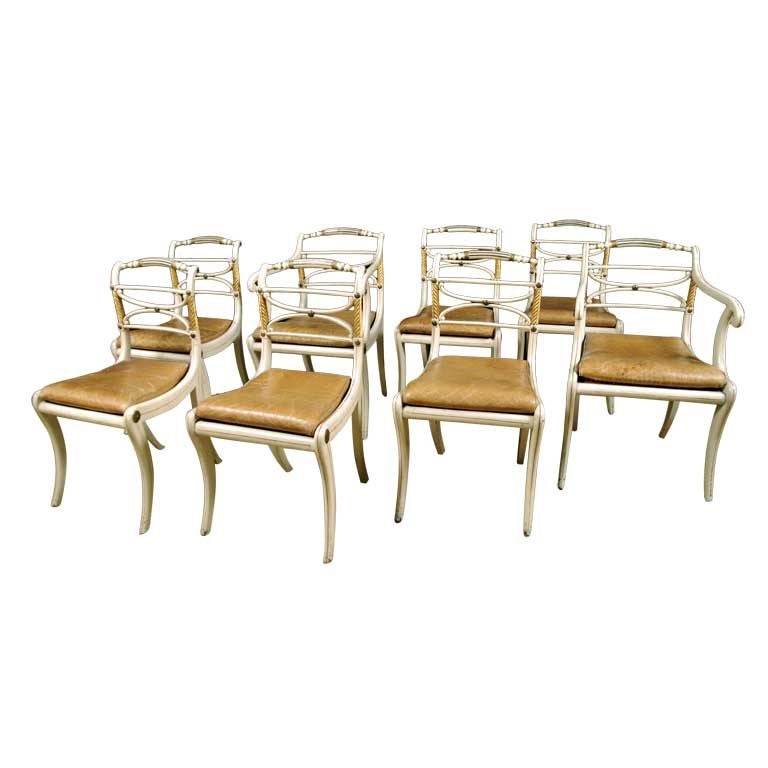 Fine Set of Eight Regency Lacquered 
Parcelgilt Dining Chairs