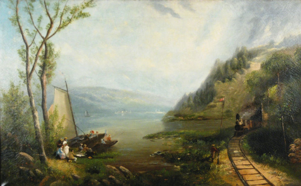 George Loring Brown

American, 1814-1889

“Pastoral Landscape with Locomotive and Picnic Goers”

Circa 1850

Oil on canvas

30 by 48 in.  W/frame 34 by 52 in.

The Hudson River at Bear Mountain, with a family picnicking on the bank at
