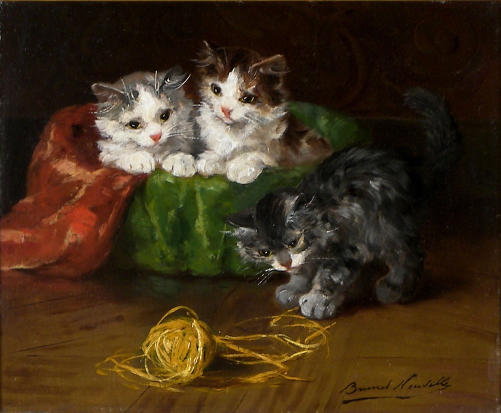 Alfred Arthur Brunel De Neuville

French, 1852-1941

“Three kittens with Ball of Yarn”

Oil on canvas

Signed lower left

15 by 18in.   w/frame 27 by 30in.

	One of the most popular subjects for an artist during the 19th century was cats