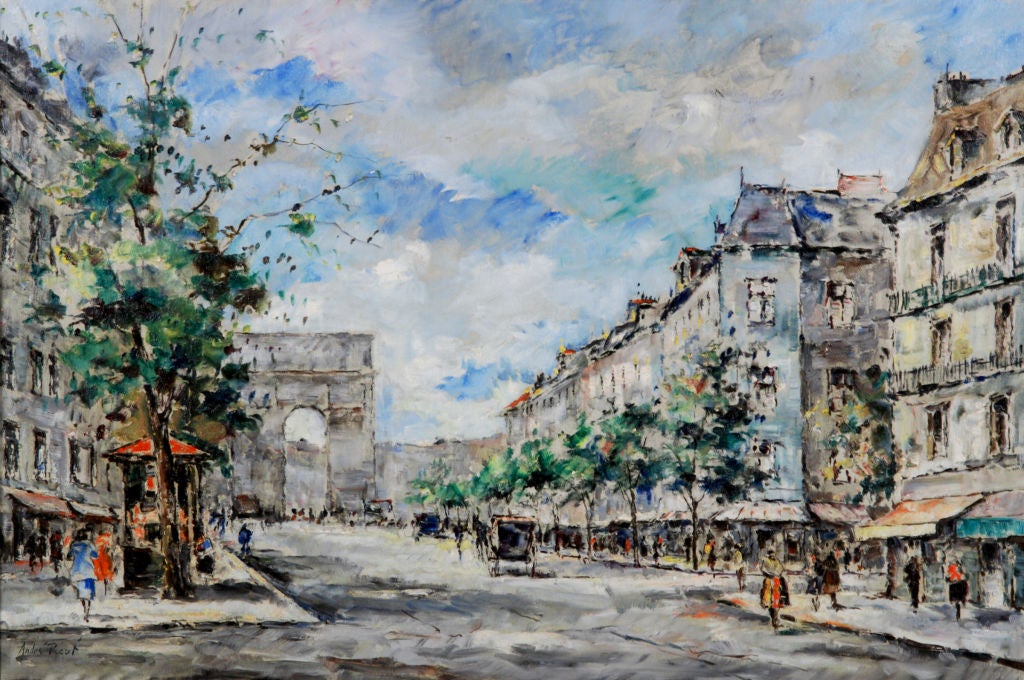 Andre Picot<br />
French, 20th Century<br />
<br />
“Paris Street Scene”<br />
<br />
Oil on canvas<br />
24 by 36 in. W/frame 31 1/2 by 43 ½ in.<br />
<br />
Although Picot studied briefly at the Ecole des Beaux Arts in Rouen he was