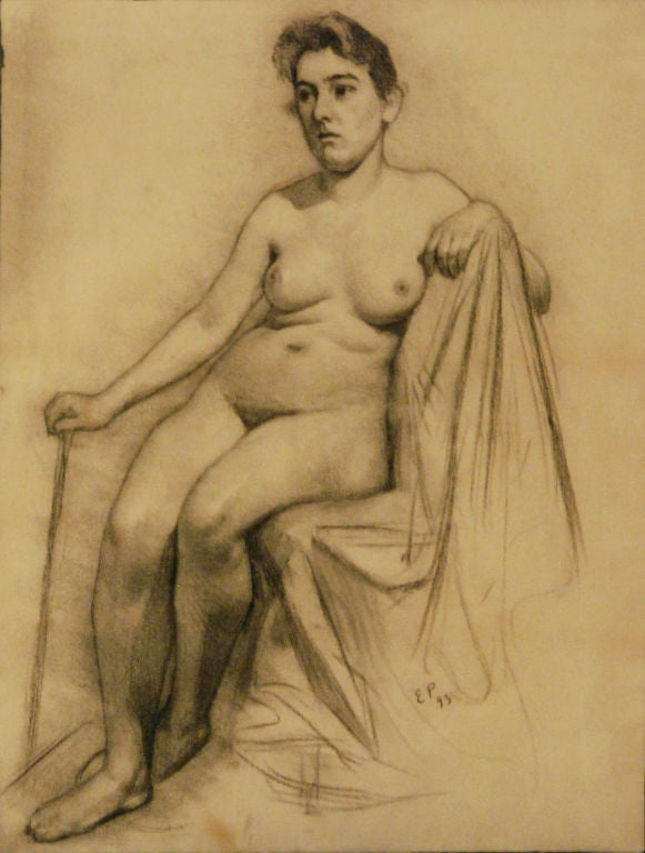Edward Henry Potthast <br />
American, 1857-1927<br />
<br />
“Female Nude”<br />
<br />
Chalk on paper<br />
Signed & dated E.P.93<br />
24 ½ by 18 ½ in.  W/frame 34 ¾ by 28 ¾ in.<br />
<br />
Potthast was born June 10, 1857 in Cincinnati,