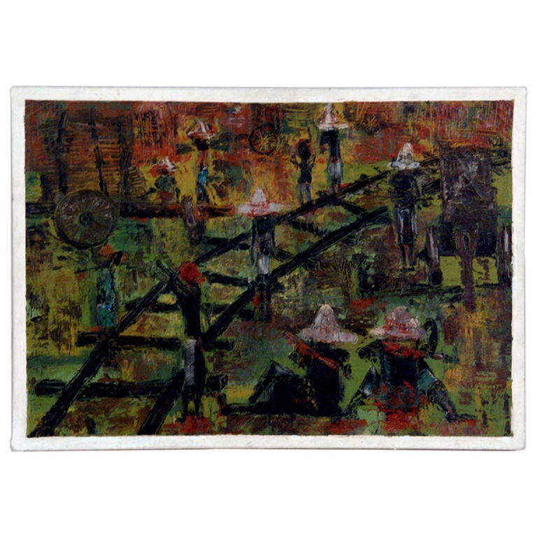 “Haitian Scene in Railyard” by Harry (Arijac) Jacques For Sale