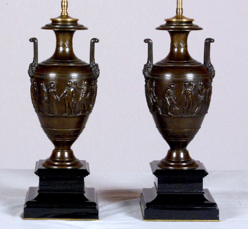 A Pair Italian Neoclassic Bronze Patinated Urns Now as Lamps