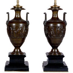 A Pair Italian Neoclassic Bronze Patinated Urns Now as Lamps