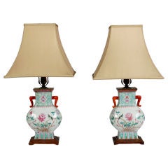 A Fine Pair Famille Rose Vases Now mounted as lamps