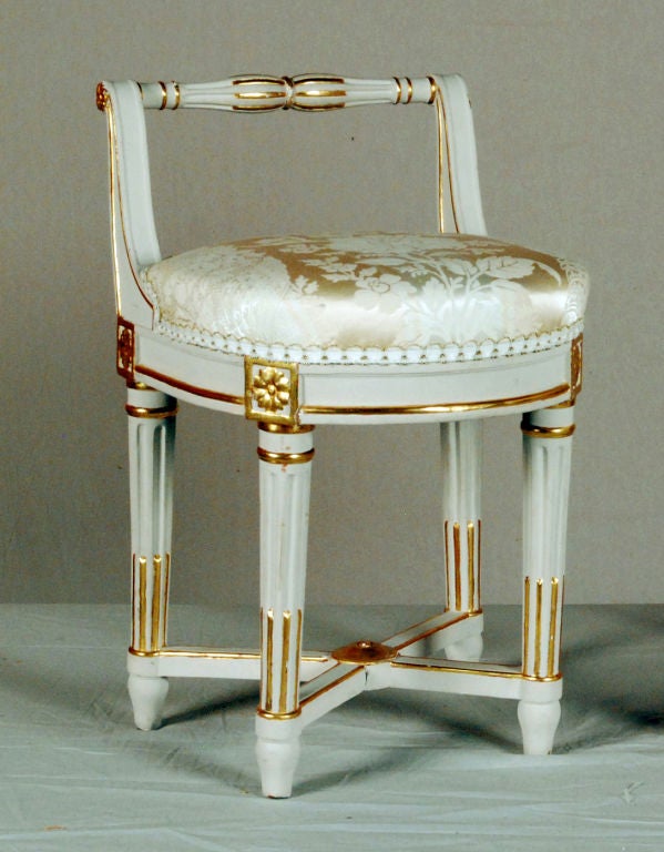 A Fine & Rare Pair of Louis XVI
Painted & Giltwood Stools
Stamped Lelarge
18th Century

Jean Baptiste Lelarge III
Maitre 1775

Height of  back 24 in.
Height of seat 18in.  Depth 16 in.  Width 15 in,

Museums & Collections: