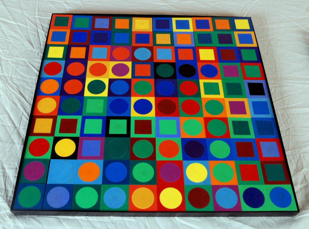 VICTOR VASARELY <br />
Hungarian, 1908-1997<br />
<br />
Vasarely Planetary Folklore Participations No. 1 <br />
multiple made of plastic, paper and metal parts, 1969, signed in pencil on a plaque affixed to the underside of the tray, numbered