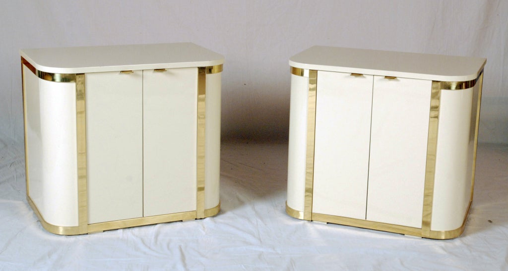 A Pair White Lacquered & Brass Accents 

Cabinets by John Stuart

Circa 1970’s

Height 27 ½ in.  Width 24 ½ in.  Depth 17 in.

Conceived by the renown furniture designer John Stuart for Johnson Furniture Company. Stuart started John Stuart,