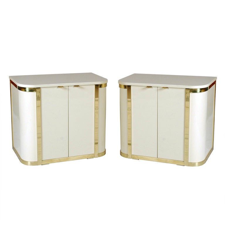 A Pair White Lacquered & Brass Cabinets by John Stuart