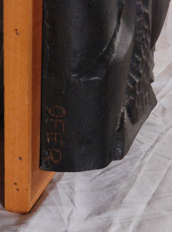 Itzak Ofer (Polish, 1910-1988)
“Three Figures”

 Bronze sculpture bas relief profile of three heads on wood plaque, 24 h. x 8 w.

Itzhak Ofer was a Sculptor. b. 1910, Poland. Immigrated 1935. Studies: 1941-45 American University, Cairo, plastic