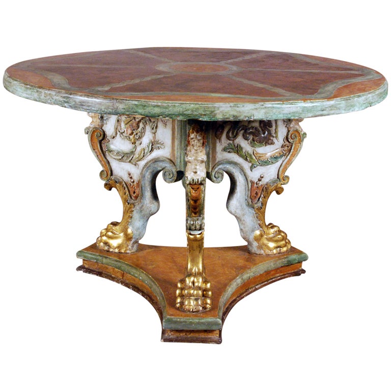 Table centrale baroque polychrome et dorée à la feuille