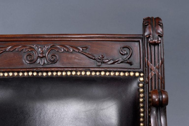 English Regency Carved Mahogany and Leather Library Armchair For Sale 1