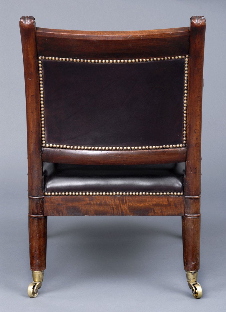 English Regency Carved Mahogany and Leather Library Armchair For Sale 3