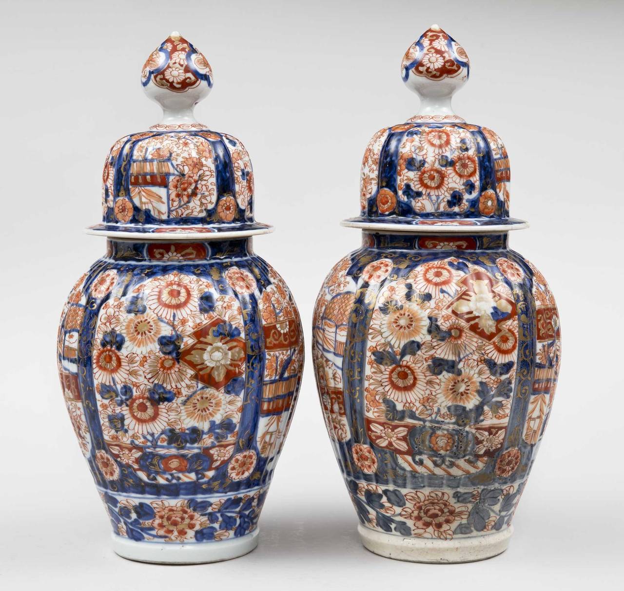 Japanese Pair of Imari Ribbed Vases and Covers