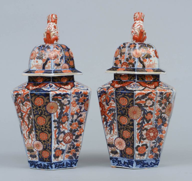 Japanese Pair Imari Porcelain Vases & Lids
