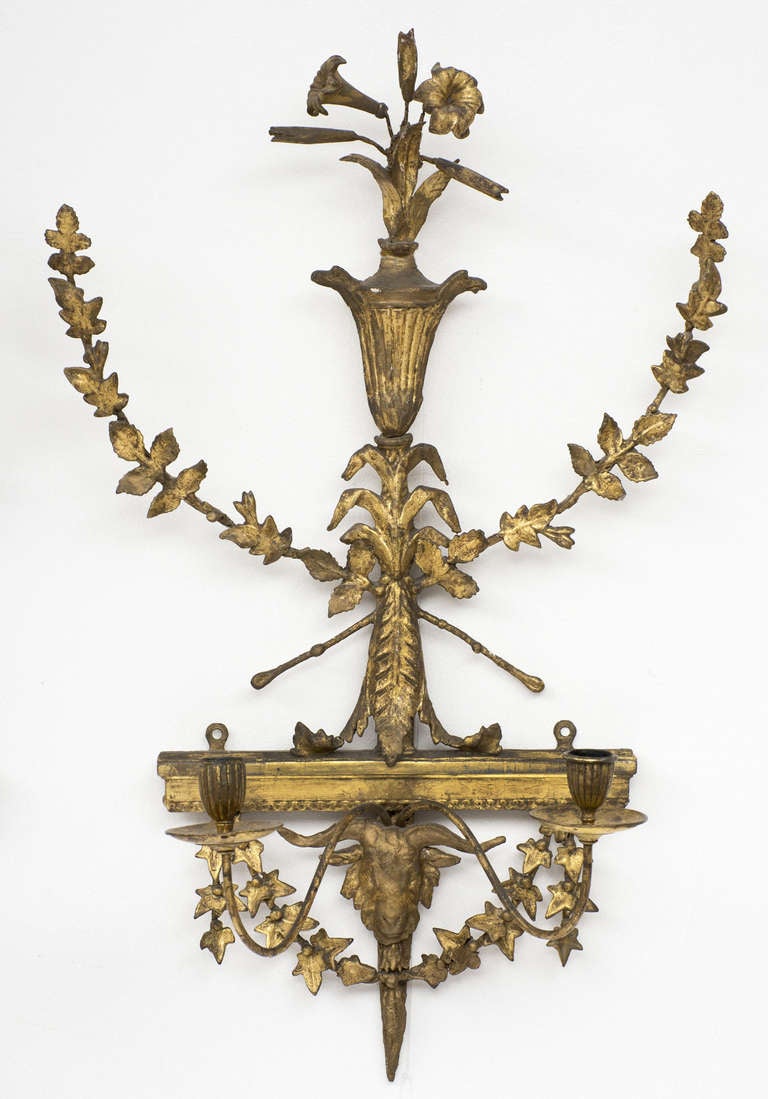 18th Century Pair of Adam Neoclassical Gilded Wall Sconces In Fair Condition In Sheffield, MA