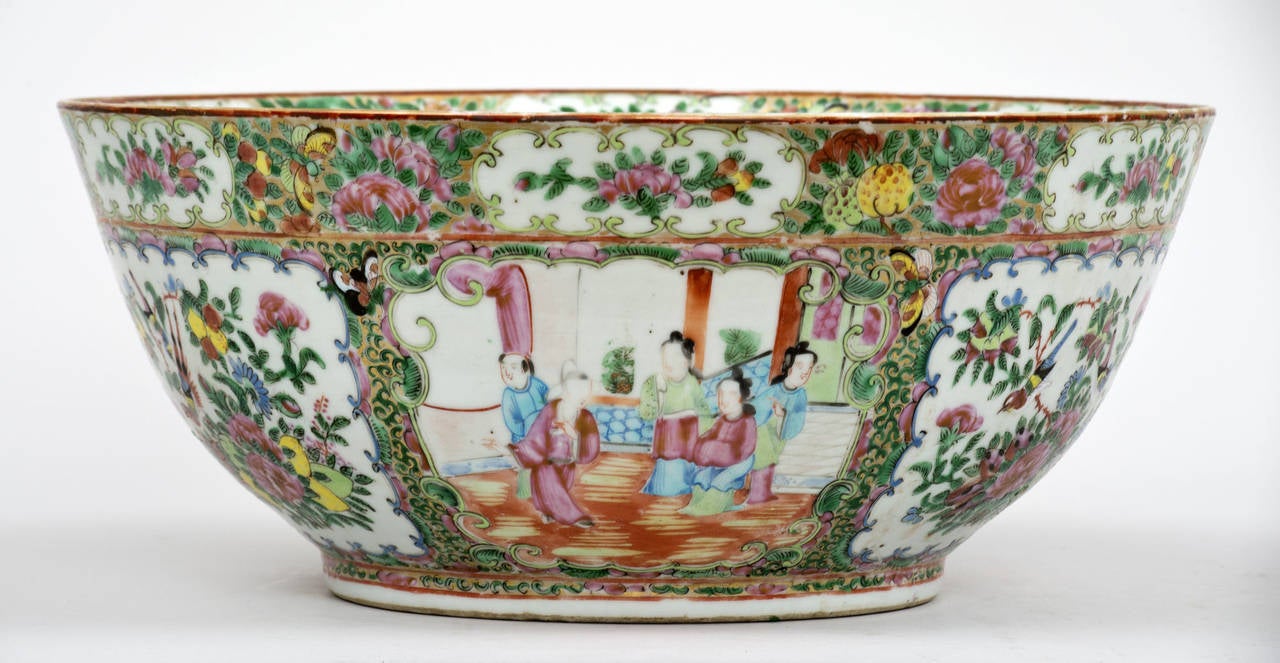 Glazed Chinese Canton Rose Medallion Punch Bowl, circa 1850