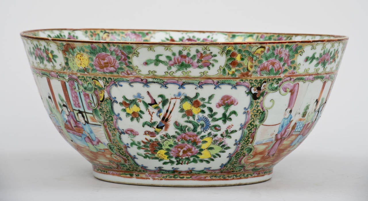 Chinese Canton Rose Medallion Punch Bowl, circa 1850 In Excellent Condition In Sheffield, MA