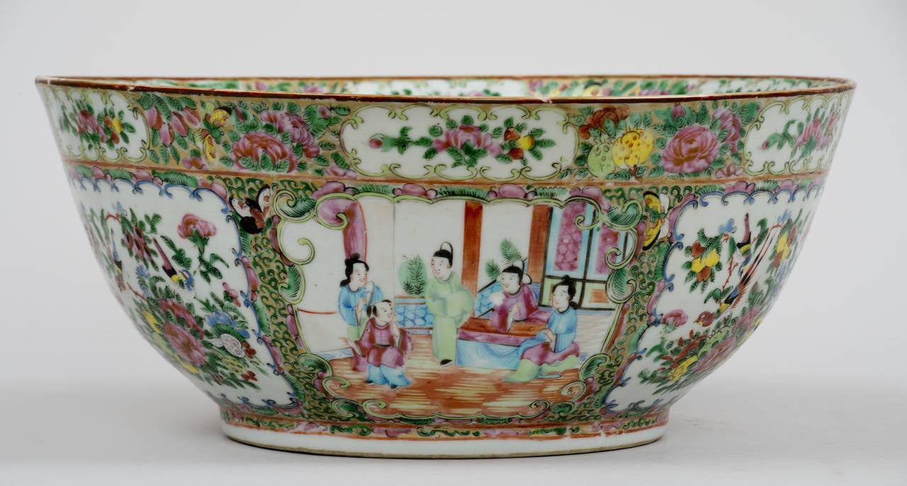 19th Century Chinese Canton Rose Medallion Punch Bowl, circa 1850