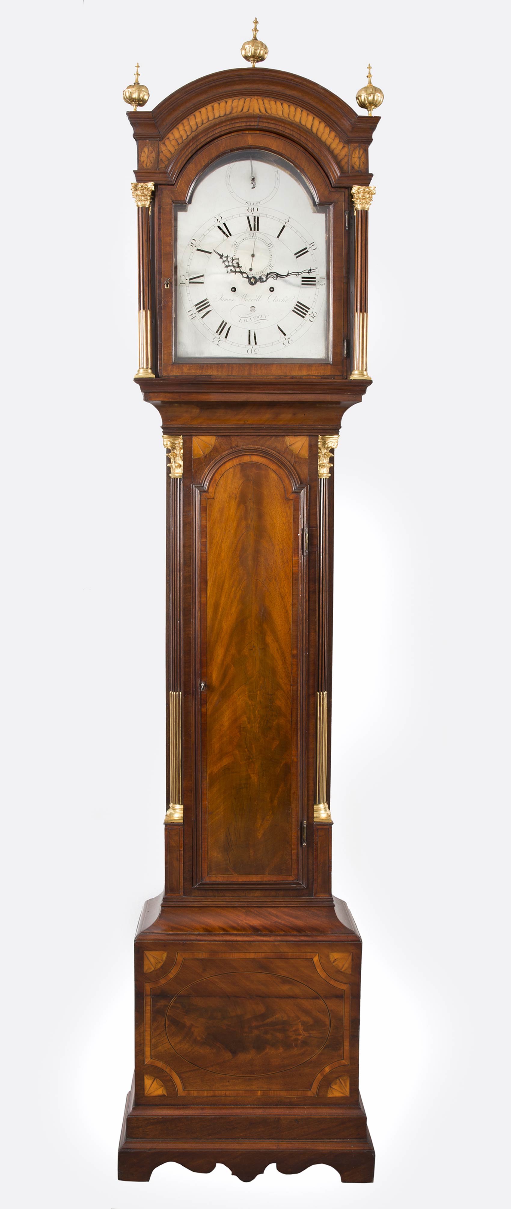 George III Mahogany Inlaid Tall Case Clock by James Clarke, circa 1770 For Sale