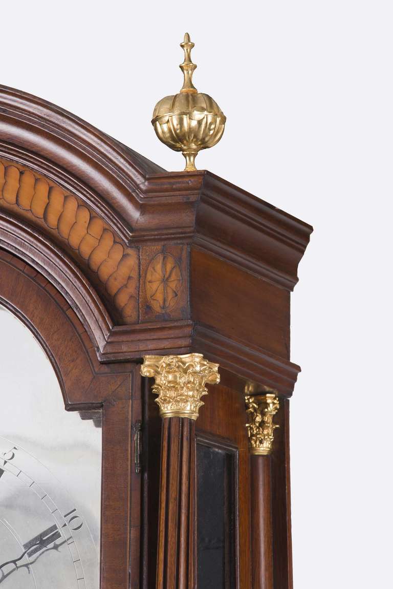Carved George III Mahogany Inlaid Tall Case Clock by James Clarke, circa 1770 For Sale