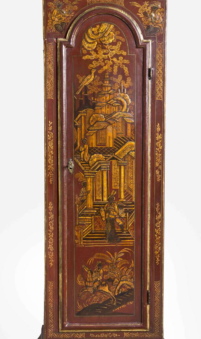 George II Red Lacquered Musical Tall Case Clock by John Northy, London, c. 1760 In Excellent Condition In Sheffield, MA