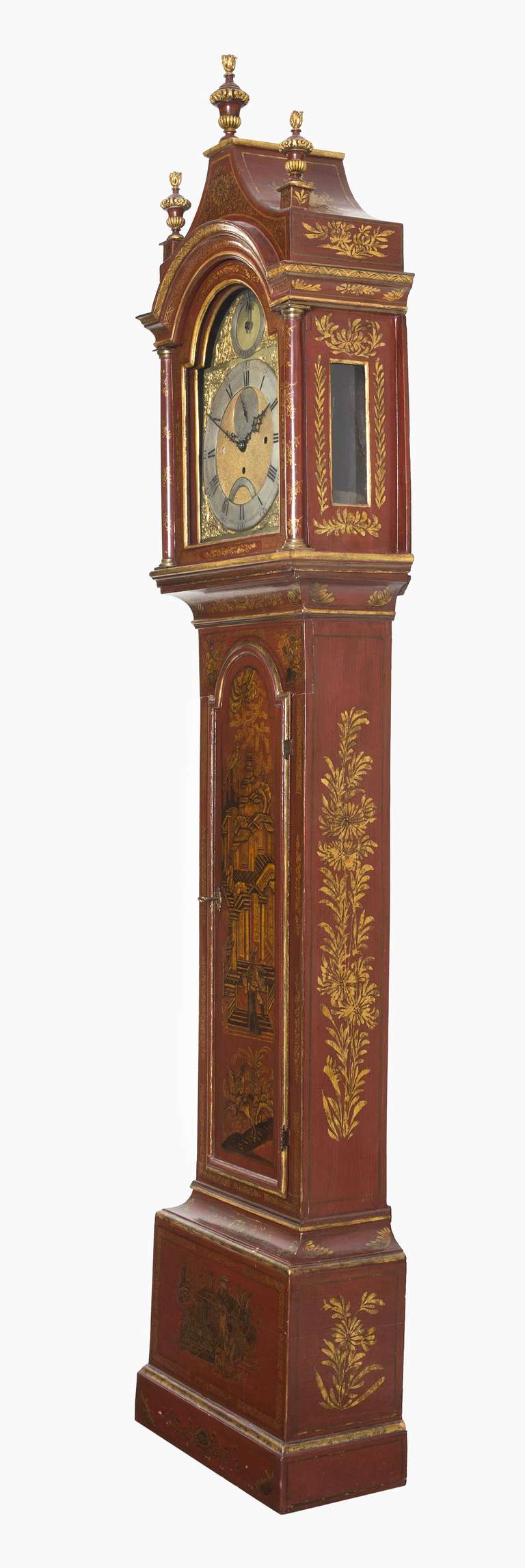 George II red lacquered and parcel gilded tall case clock enclosing musical works, inscribed John Northy, London on the arched plaque, eight-day three train quarter chiming movement, four bells or eight bells lever, strike/silent dial, the arched