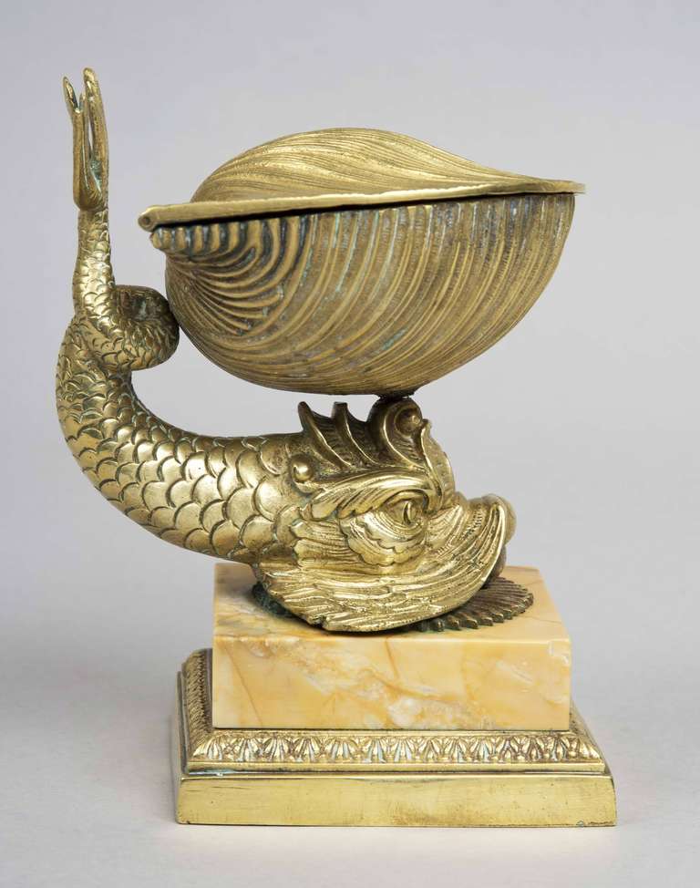 American Tiffany Gilded Bronze Inkwell Shaped as a Dolphine & Clam Shell