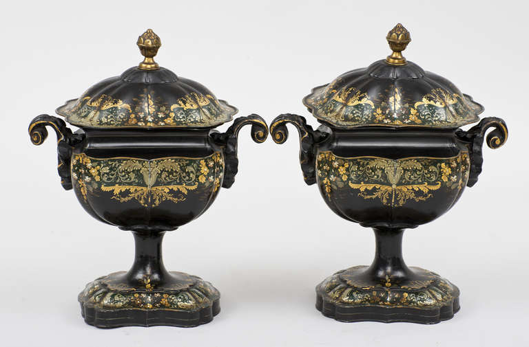 British Regency Period Pair Tole Chestnut Urns, circa 1810