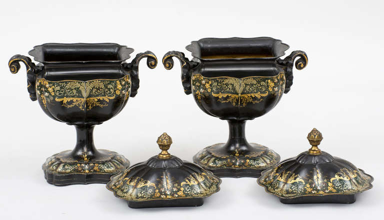 19th Century Regency Period Pair Tole Chestnut Urns, circa 1810