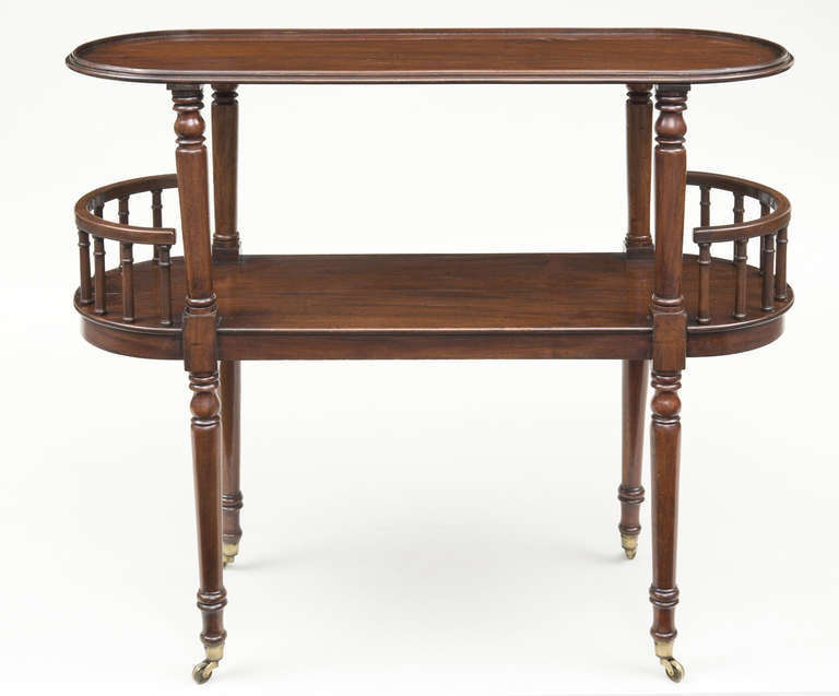 Unusual Regency period mahogany two-tier plate trolley with D-shaped ends, the top tier with molded edge, the bottom tier with turned spindles, raised on carved and ring turned legs on brass casters.

                   