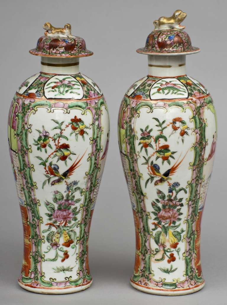 Porcelain Pair of Chinese Canton Covered Vases