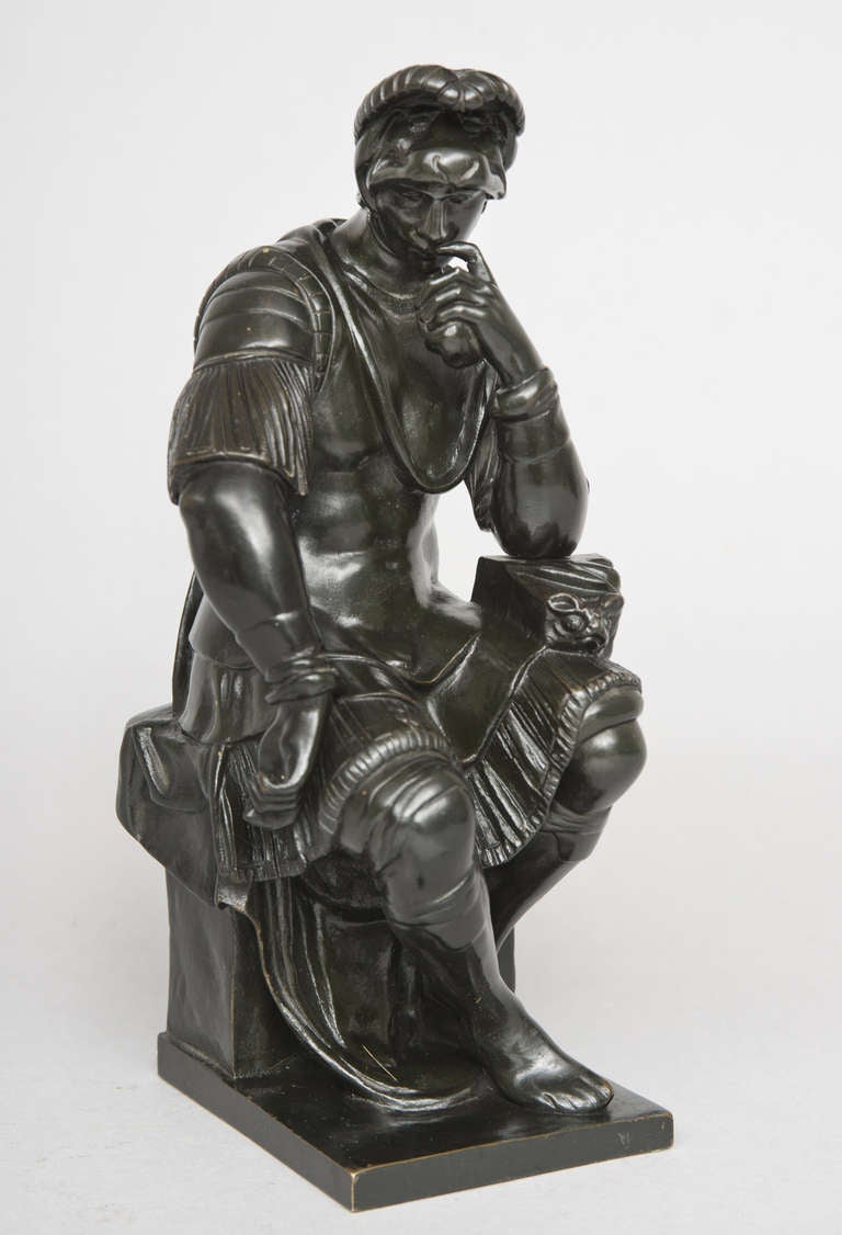 Italian Grand Tour patinated bronze figure of Lorenzo de’ Medici, after Michaelangelo’s sculpture at the Medici Chapel in Florence, Italy.


