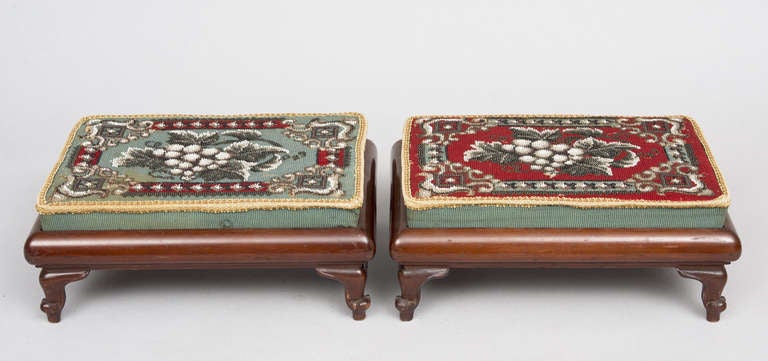 British Pair of Victorian Mahogany, Beaded Footstools, Circa 1870