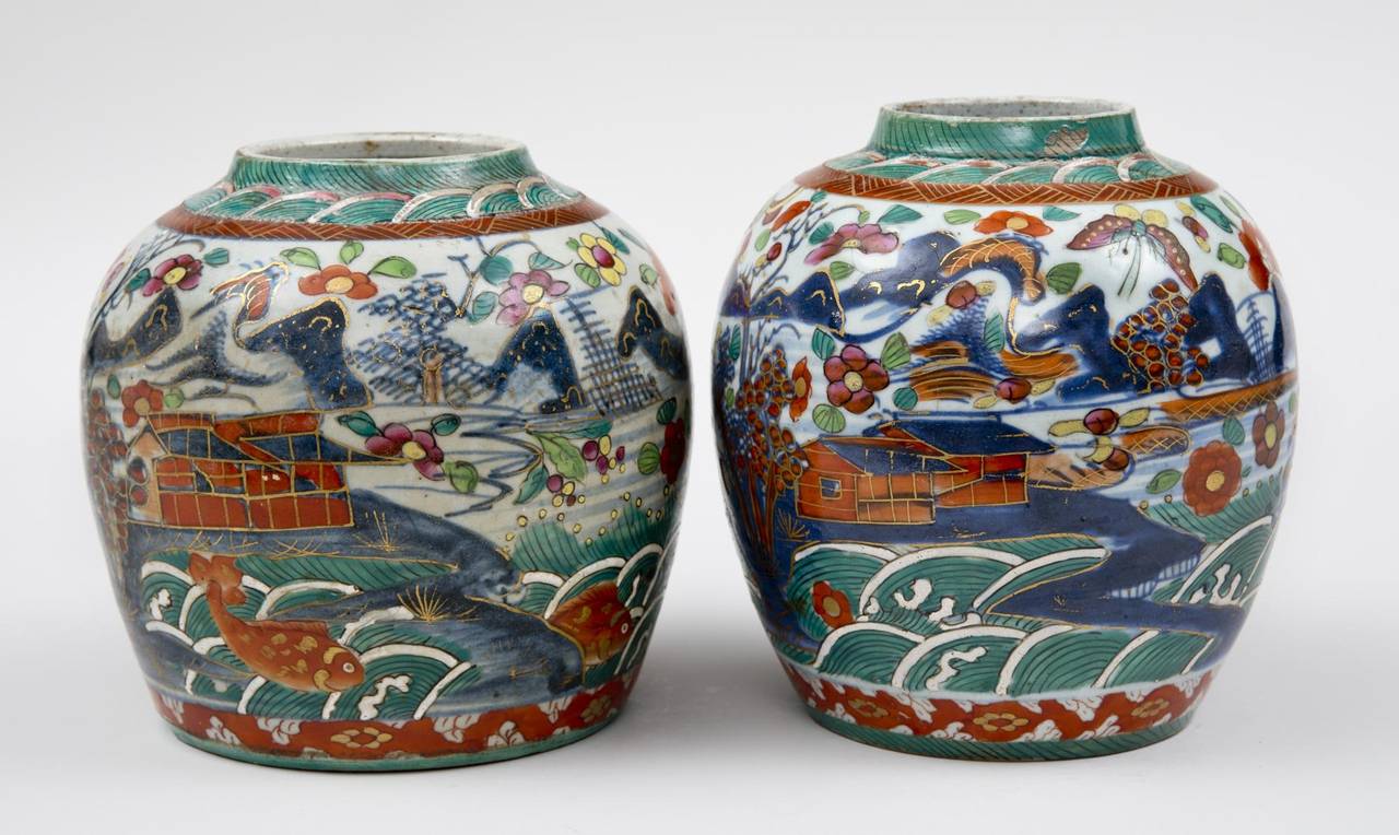 Chinese Export Pair of Chinese Clobbered Squat Jars, circa 1800 For Sale