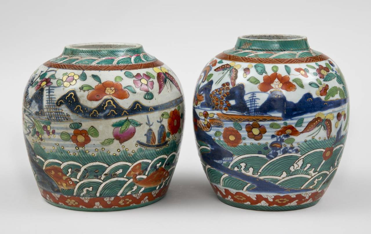 Glazed Pair of Chinese Clobbered Squat Jars, circa 1800 For Sale