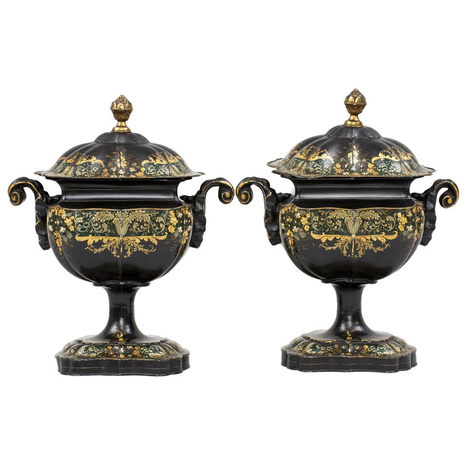 Regency Period Pair Tole Chestnut Urns, circa 1810