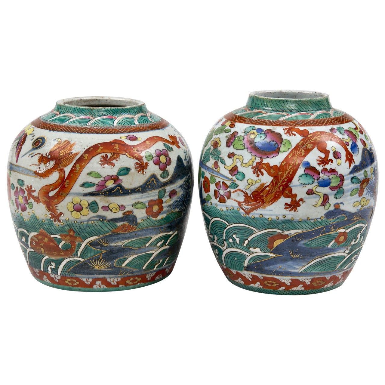 Pair of Chinese Clobbered Squat Jars, circa 1800 For Sale