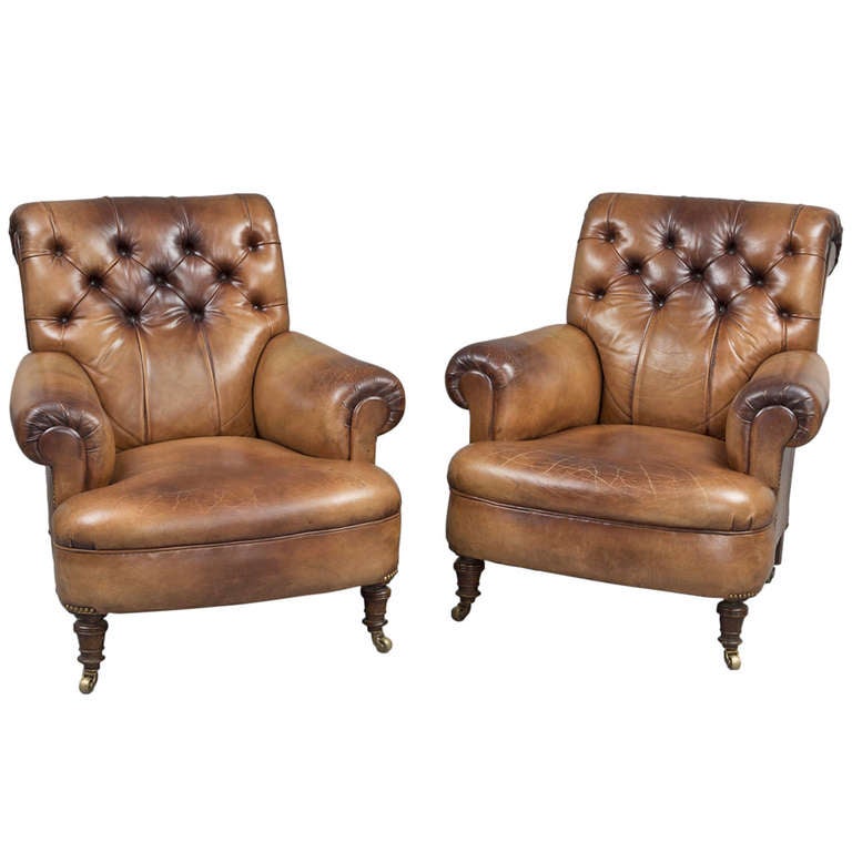 Antique English Pair Leather Club Chairs, Circa 1890 at 1stDibs