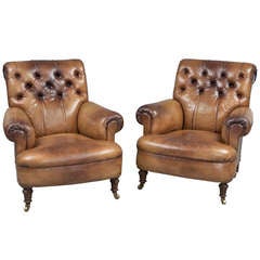 Antique English Pair Leather Club Chairs, Circa 1890