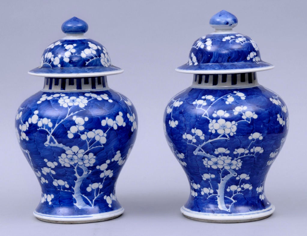 20th Century Pair Chinese Blue & White Prunus Vases