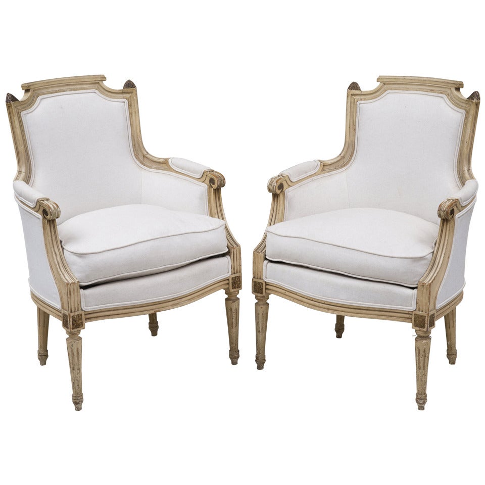 Pair of French Louis XVI Style Bergères For Sale