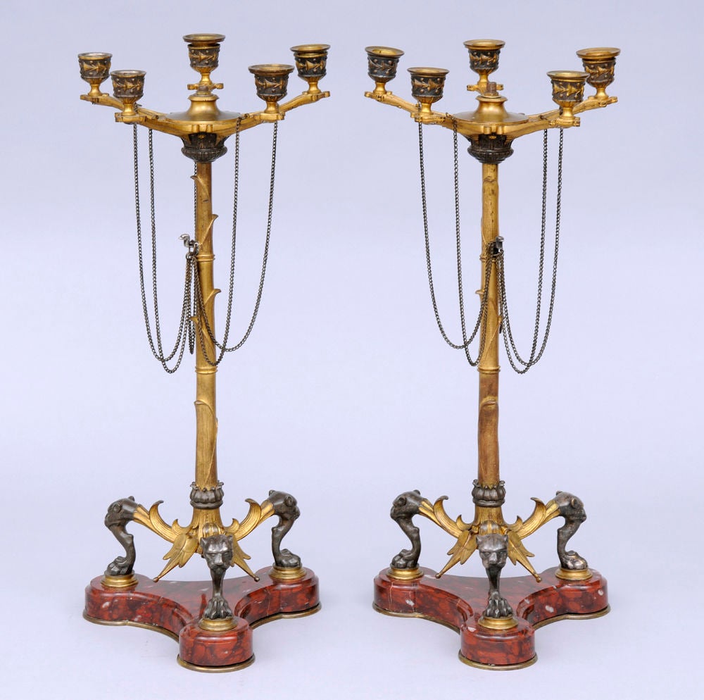 Pair of Renaissance revival gilt bronze five-light candelabra, arms ending with bell flower and bead nozzles, thin bamboo-like leafy column stems, chain hung oil lamp form, tripod legs with lion's heads and paw feet on concave-sided re griotte